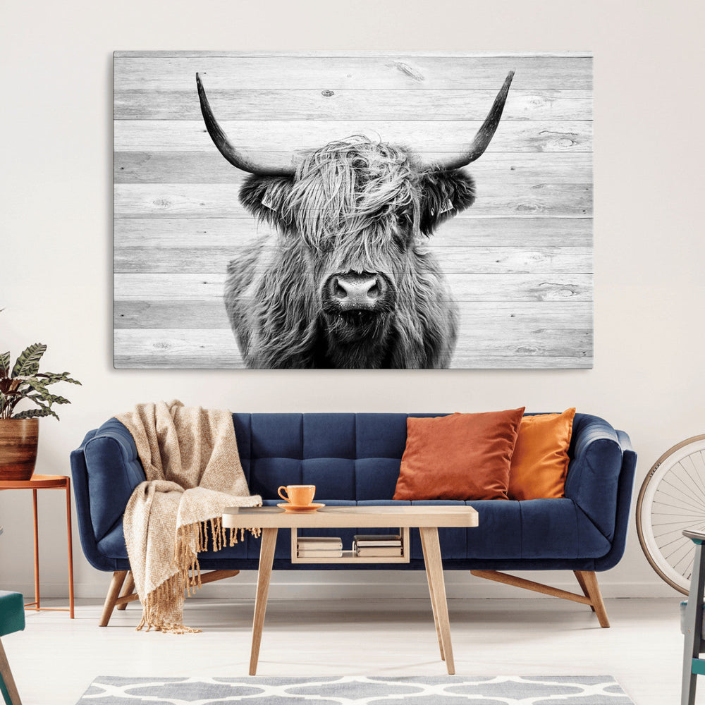 Scottish Highland Cow Cattle Art Print on Wood Background