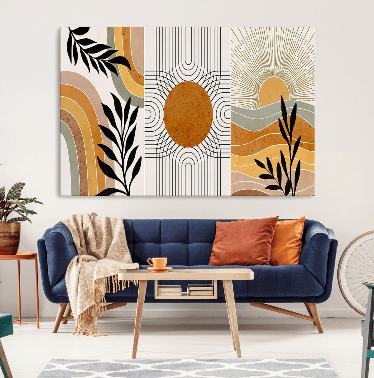 Modern Boho Sun and Leaf Abstract Art – 3-Panel Giclée