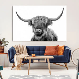 Grayscale Scottish Highland Cow Cattle Art Print Farmhouse