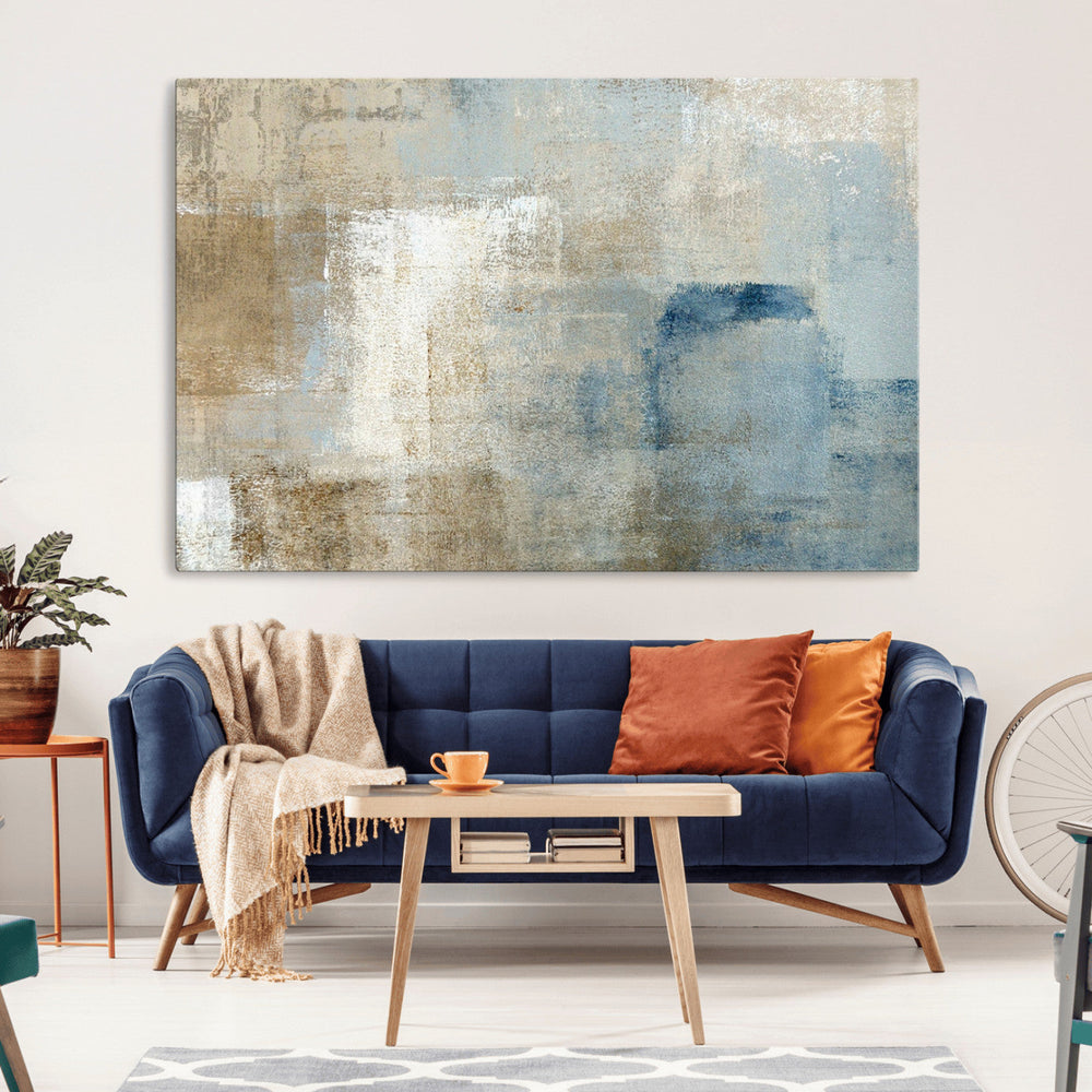 Abstract Blue and Beige Wall Art, Modern Minimalist Canvas