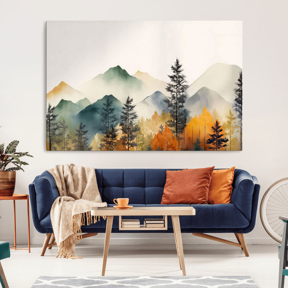 Abstract Watercolor Mountains and Trees Autumn Wall Art,