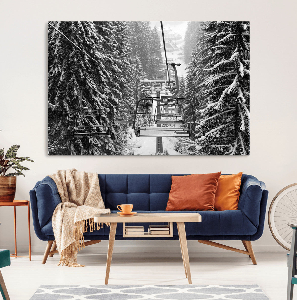 Winter Ski Lift Black and White Canvas Wall Art – Alpine