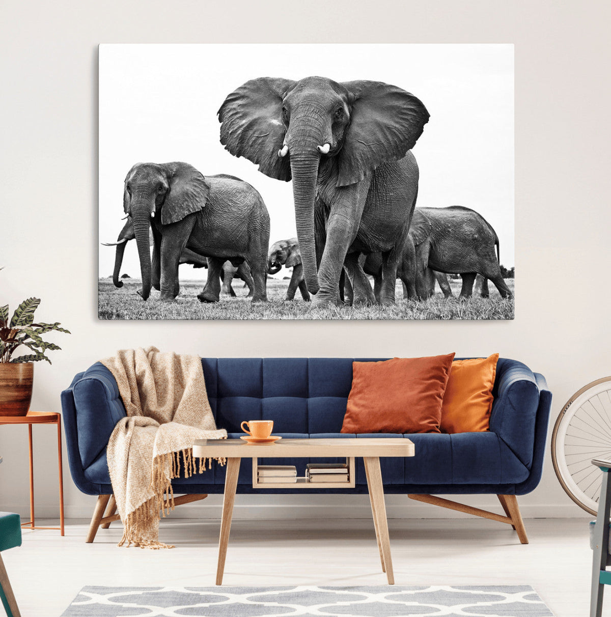 Black White Elephant Family Wall Art Canvas Print