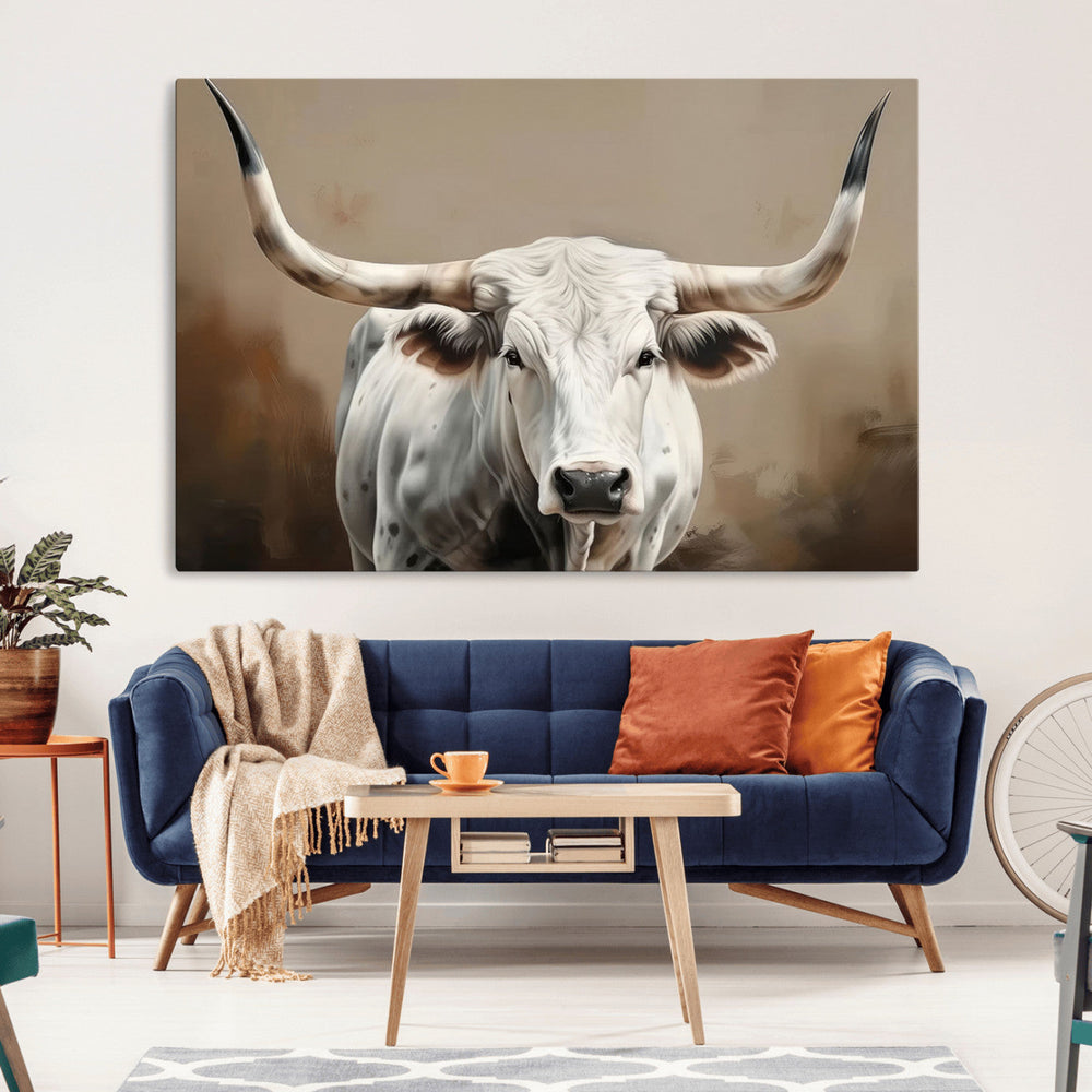 White Longhorn Bull Wall Art Canvas Print – Framed and Ready
