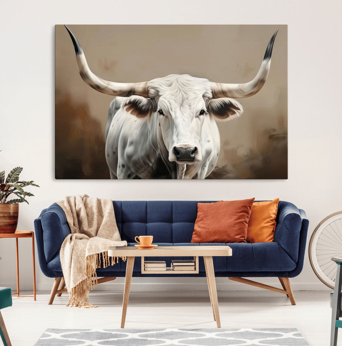 White Longhorn Bull Wall Art Canvas Print – Framed and Ready