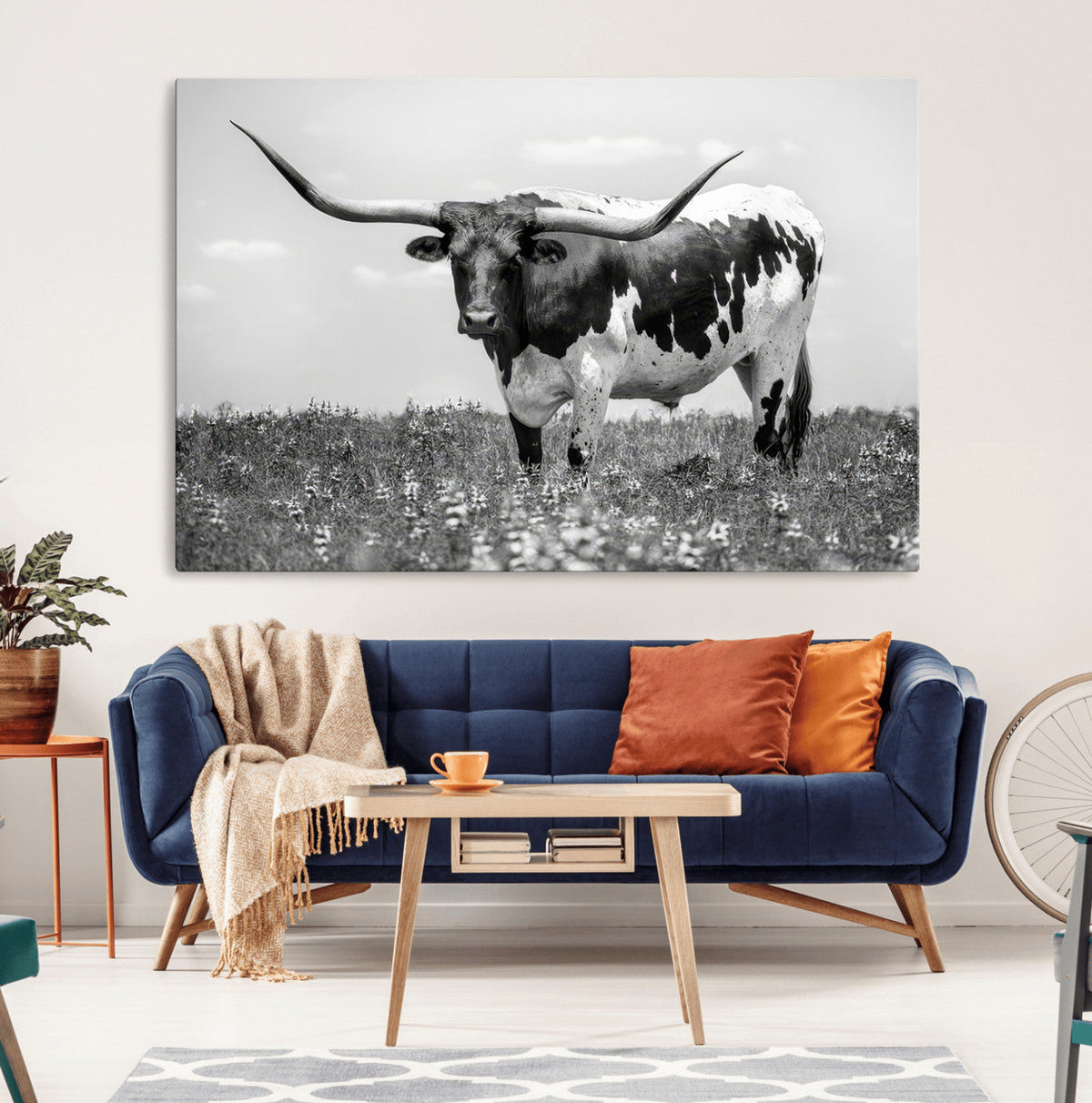 Texas Black White Highland Longhorn Cow Wall Art Canvas