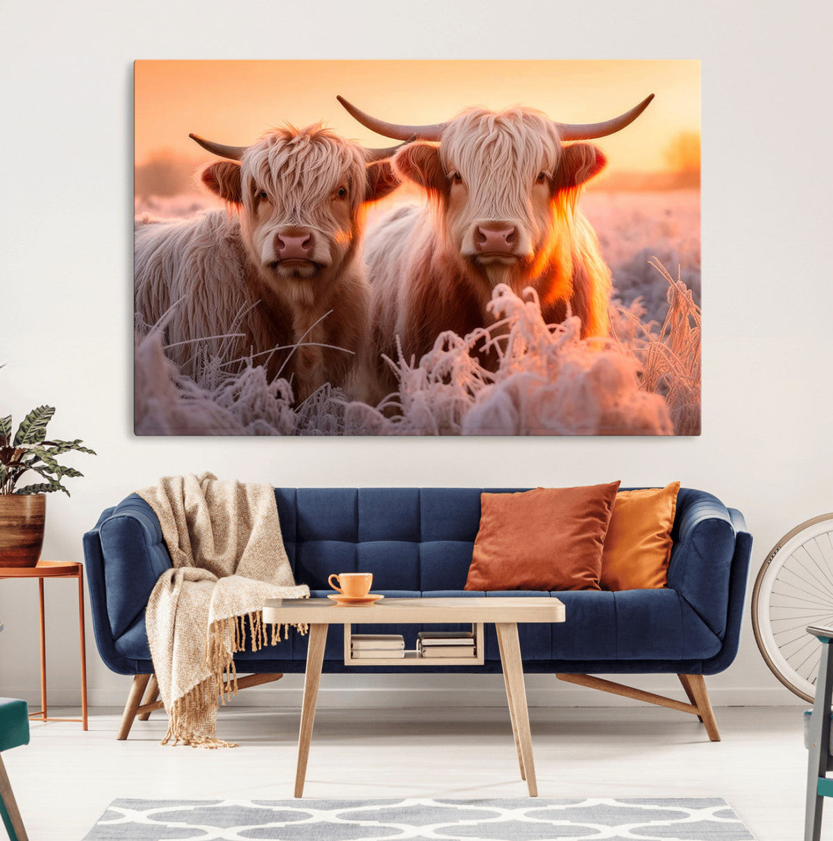 Highland Cows at Sunrise Wall Art Canvas Set – Serene and