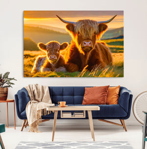 Scottish Cow and Baby Cow Canvas Wall Art Animal Print