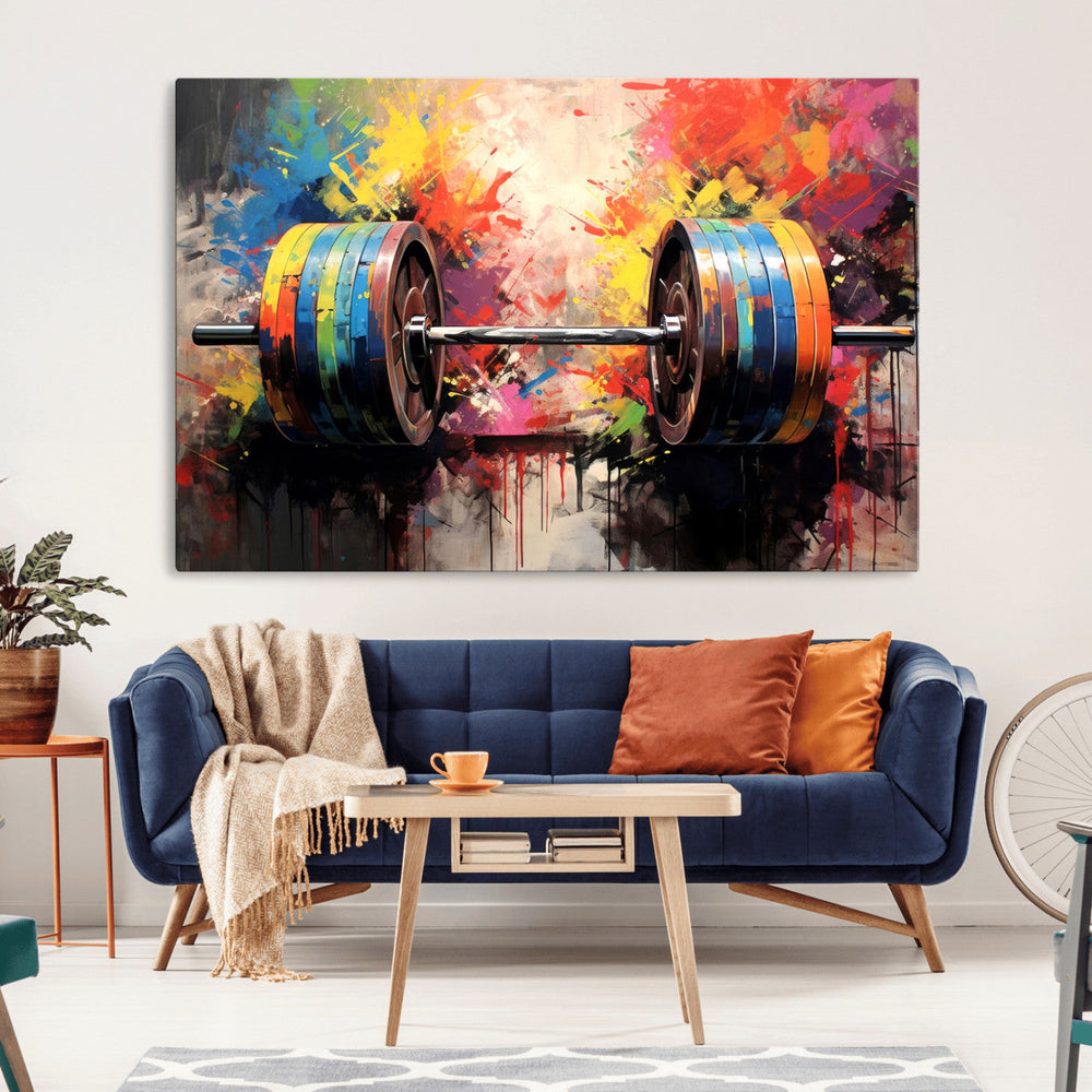 Weightlifting Barbell Art Triptych, Bold Abstract Fitness