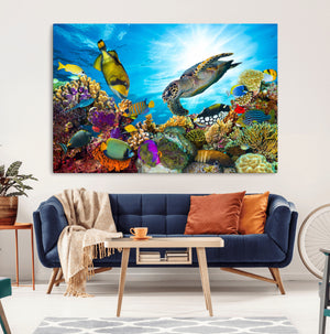 Colorful Coral Reef and Sea Life Turtle Canvas Print,