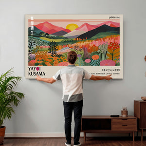 Yayoi Kusama Landscape Canvas Print, Vibrant Floral Mountain Art Print, Framed Botanical Wall Art -