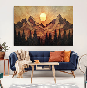 Wood Style Abstract Mountain Sunset Canvas Wall Art Print -