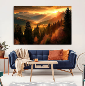 Golden Sunset Over Mountain Forest Canvas Wall Art Print -
