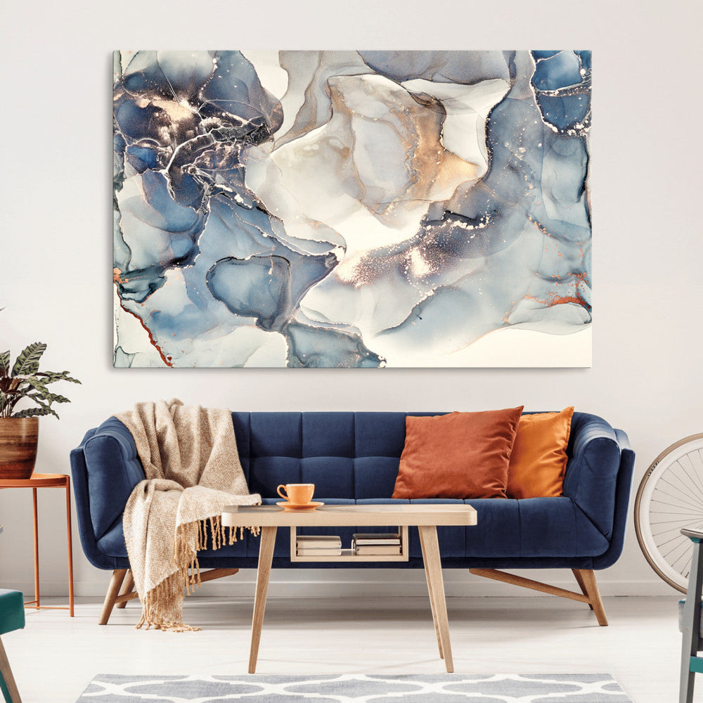 Abstract Blue and Gold Canvas Wall Art - Fluid Modern Ink