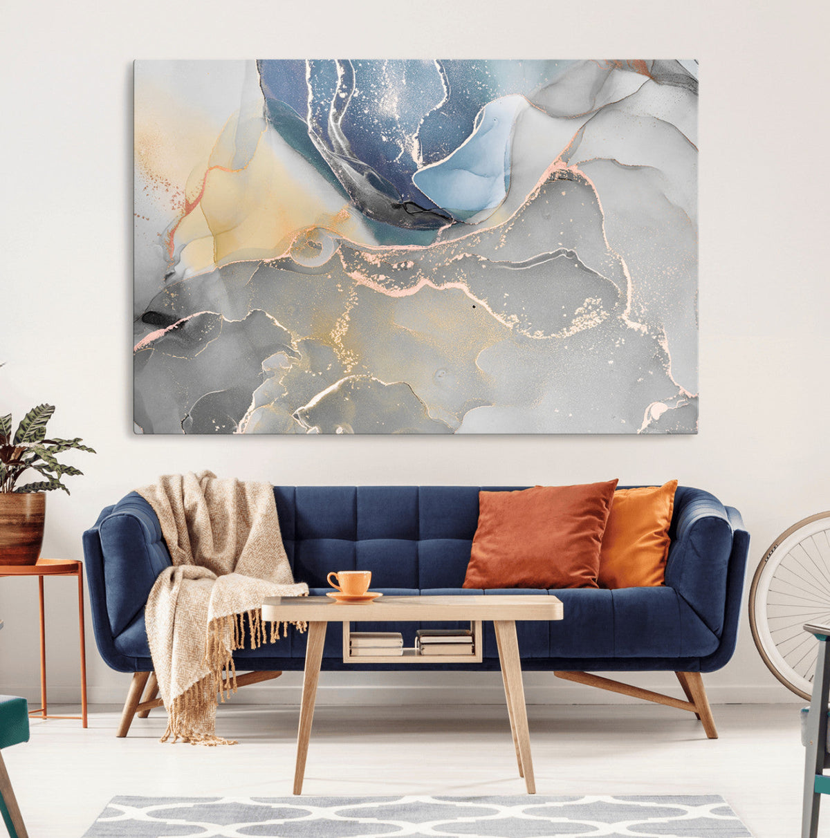 Large Abstract Blue and Gold Canvas Wall Art | Fluid Ink