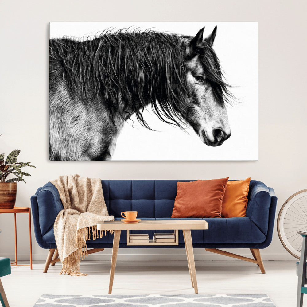 Majestic Horse Wall Art – Framed Black White Portrait Canvas