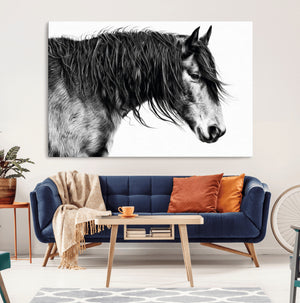 Majestic Horse Wall Art – Framed Black White Portrait Canvas