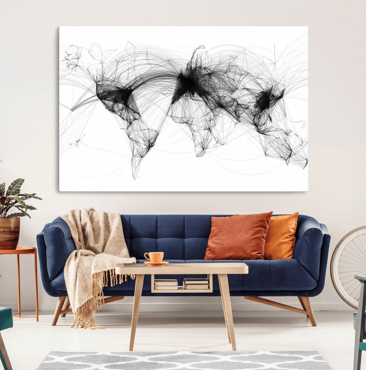 Abstract World Map Wall Art – Framed Geometric Line Canvas