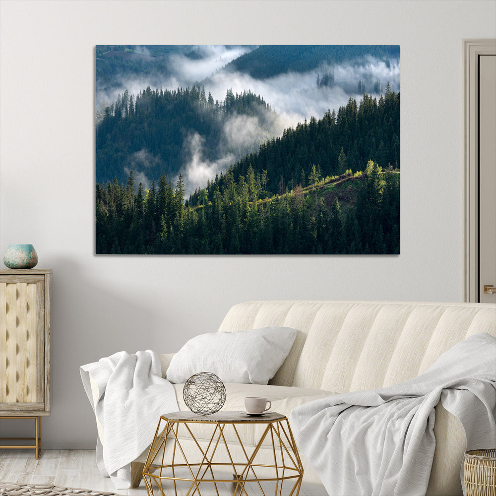 Misty Forest Wall Art Canvas Print – Pine Hills Foggy Trees