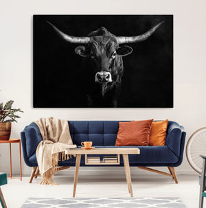 Texas Longhorn Wall Art Canvas Print – Framed Monochrome