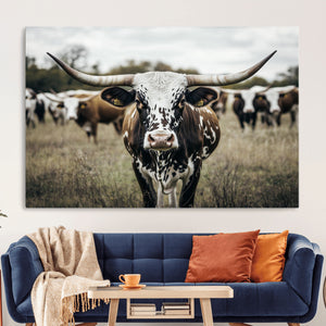 Texas Longhorn Wall Art – Framed Speckled Cow Canvas