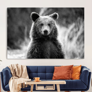Grizzly Bear Wall Art Canvas Print – Framed Black White