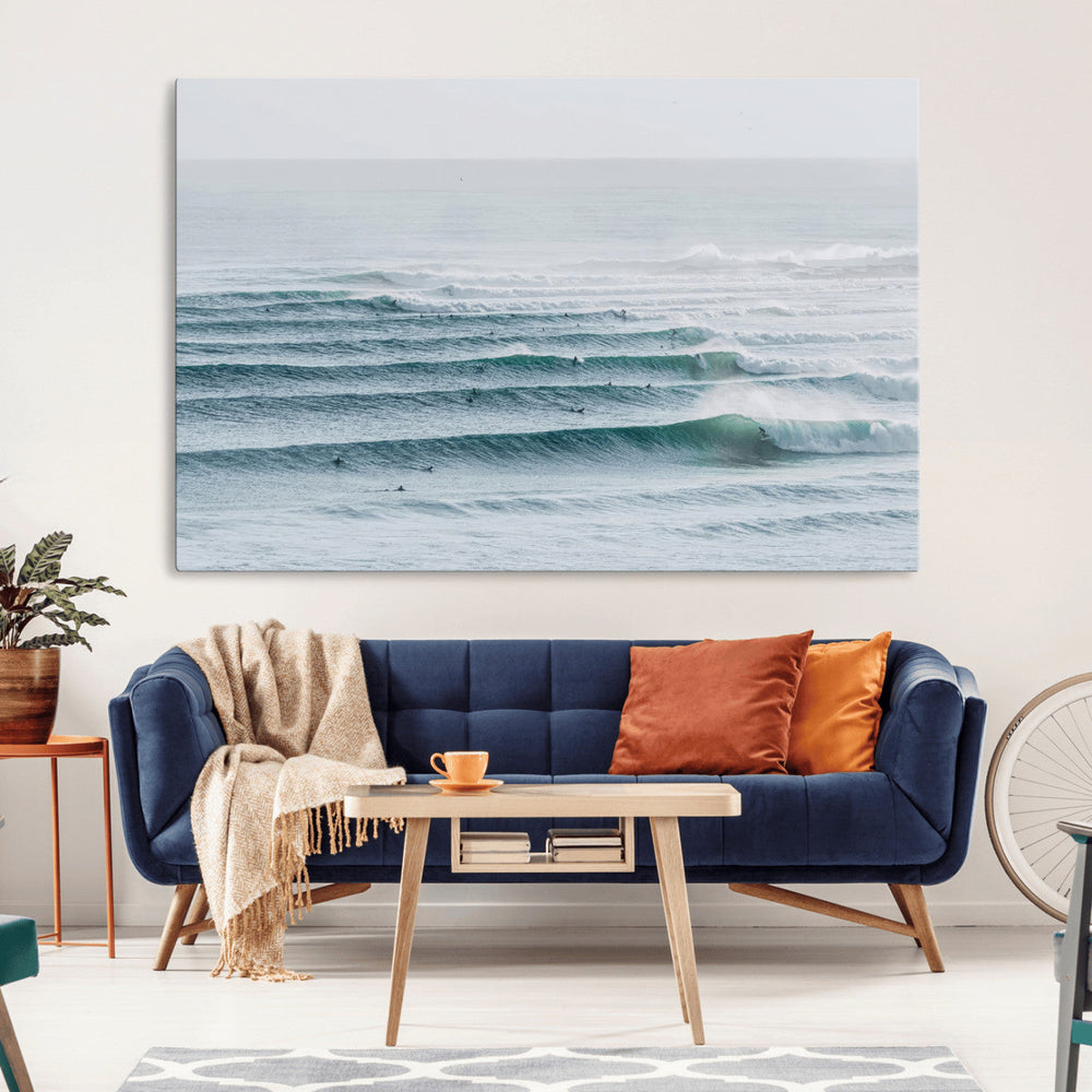 Ocean Waves Wall Art Canvas Print – Framed Surfer Lineup