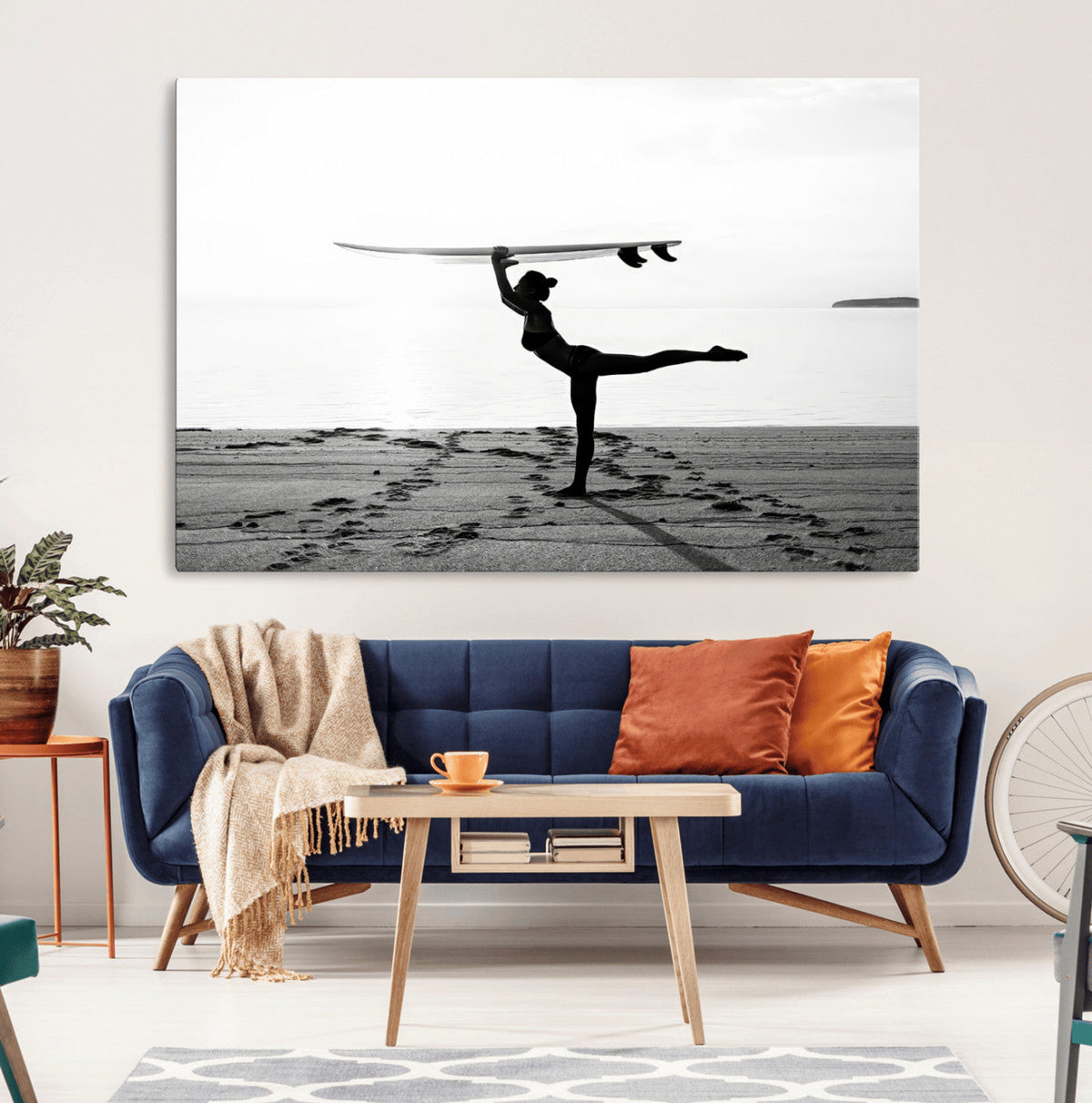 Yoga Surf Wall Art Canvas Print – Framed Black White Shore