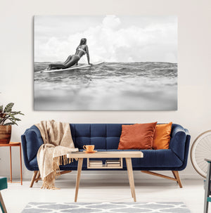 Black and White Surfing Wall Art Canvas Print – Framed Ocean