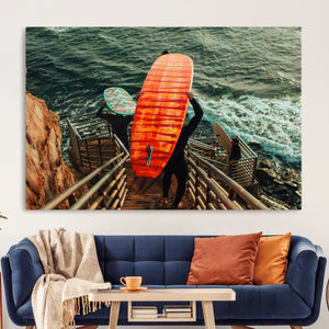 Surfer Stairway Wall Art – Framed Ocean Surf Canvas Artwork,