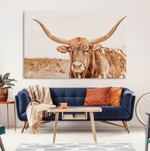 Texas Longhorn Wall Art Canvas Print – Framed Sepia Cow Art