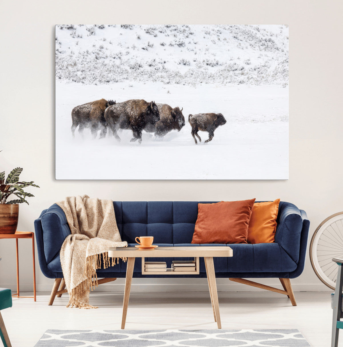 Bison Herd Decor Wall Art Canvas Print – Framed Snowy Bison