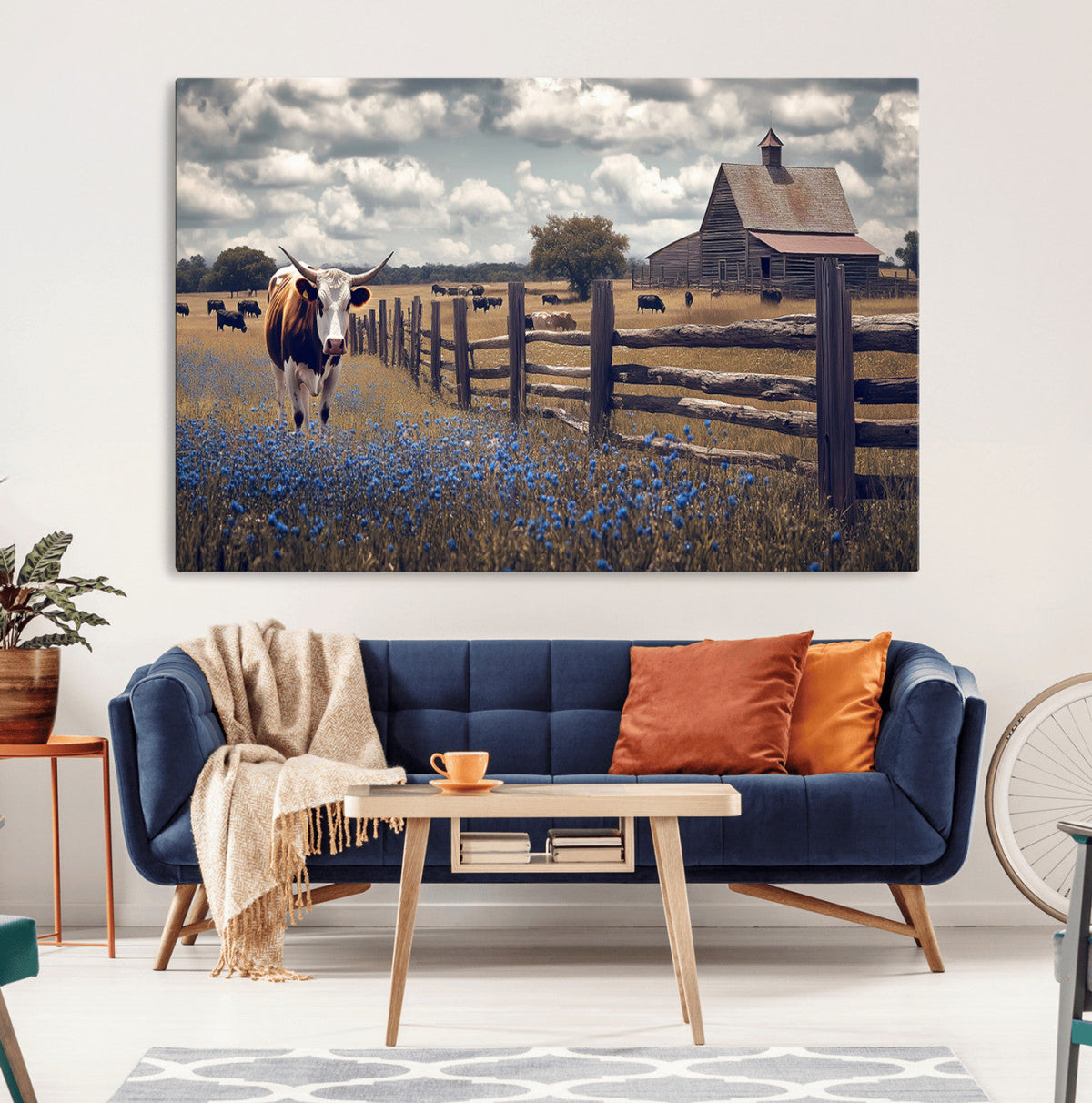 Texas Longhorn Canvas Wall Art Print – Framed Rustic Barn