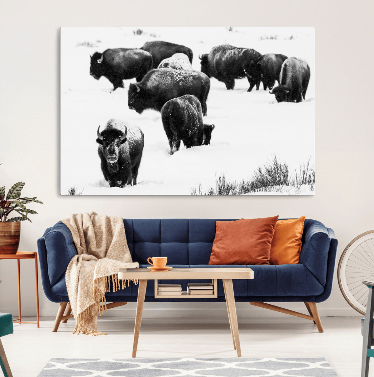 Buffalo Herd Wall Art Canvas Print – Framed Black and White