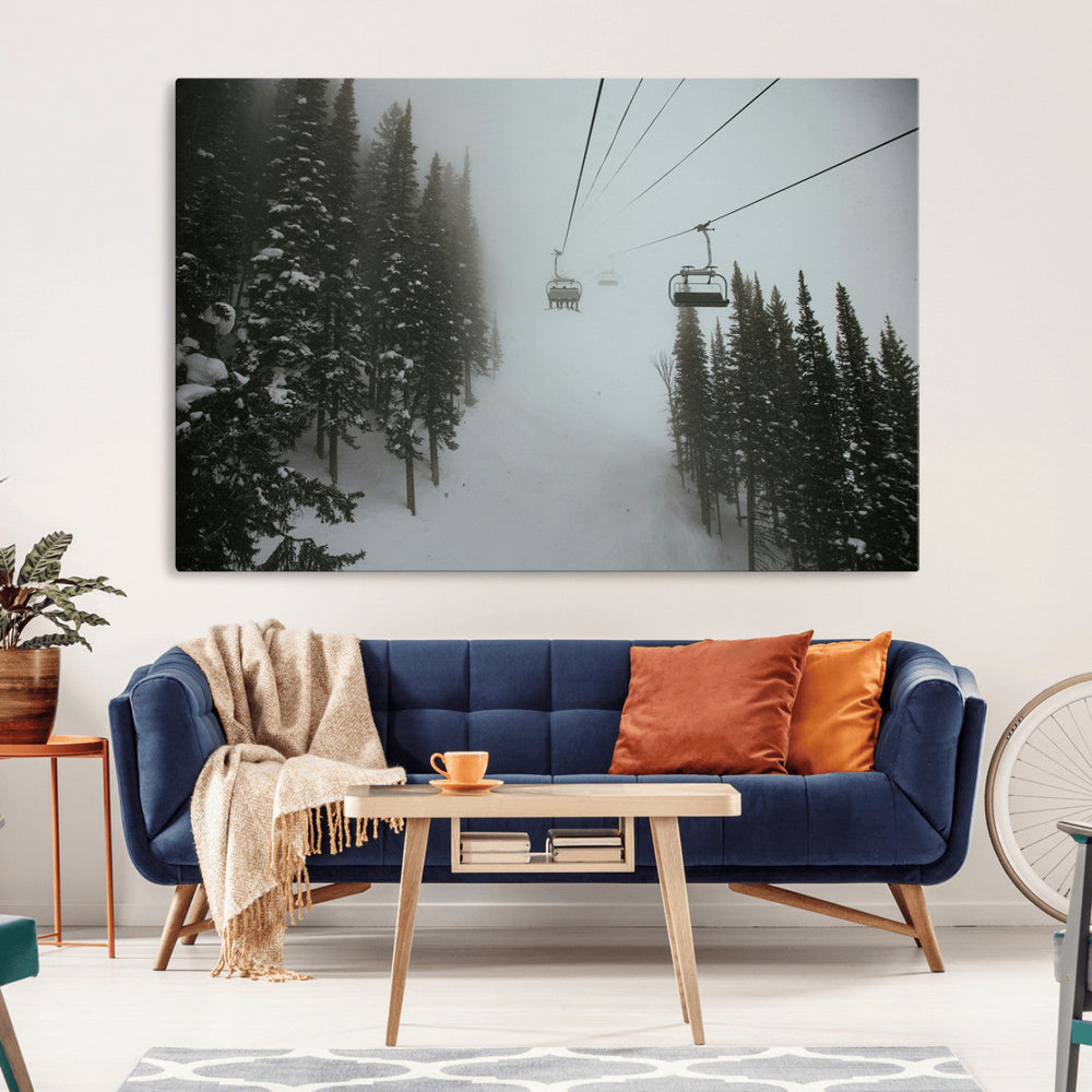 Ski Lift Wall Art Canvas Print – Snowy Pines Misty Landscape
