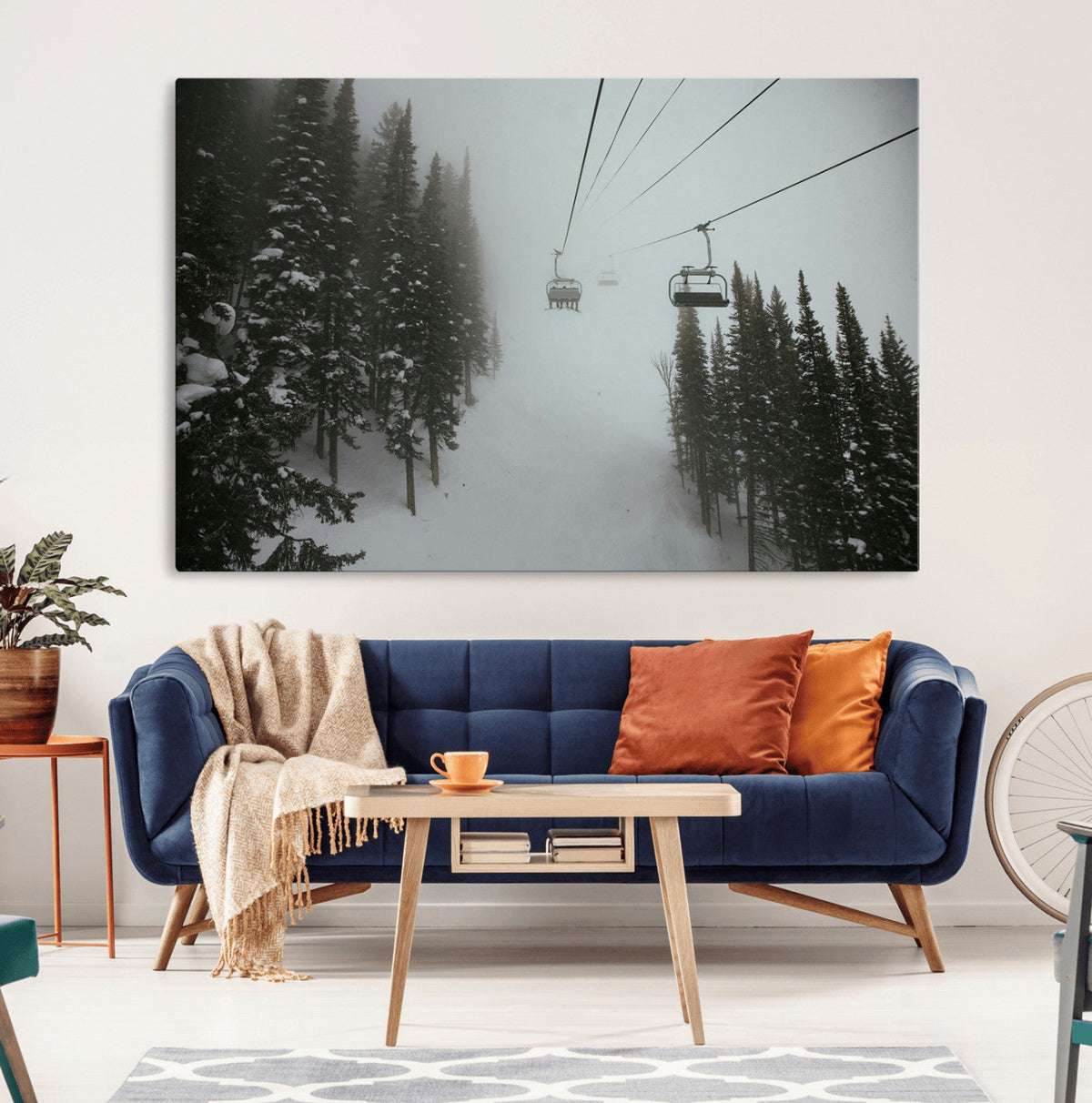 Ski Lift Wall Art Canvas Print – Snowy Pines Misty Landscape