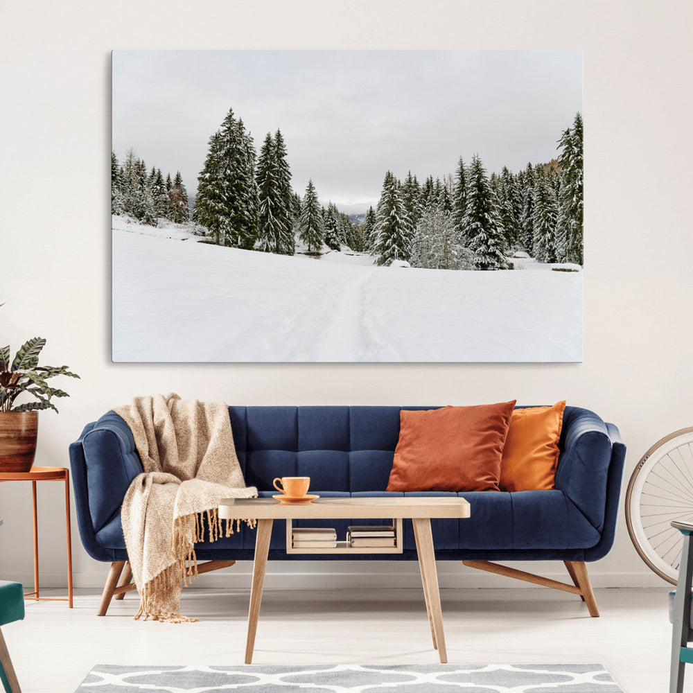 Frosty Pines Wall Art Canvas Print – Framed Silent Snowfall