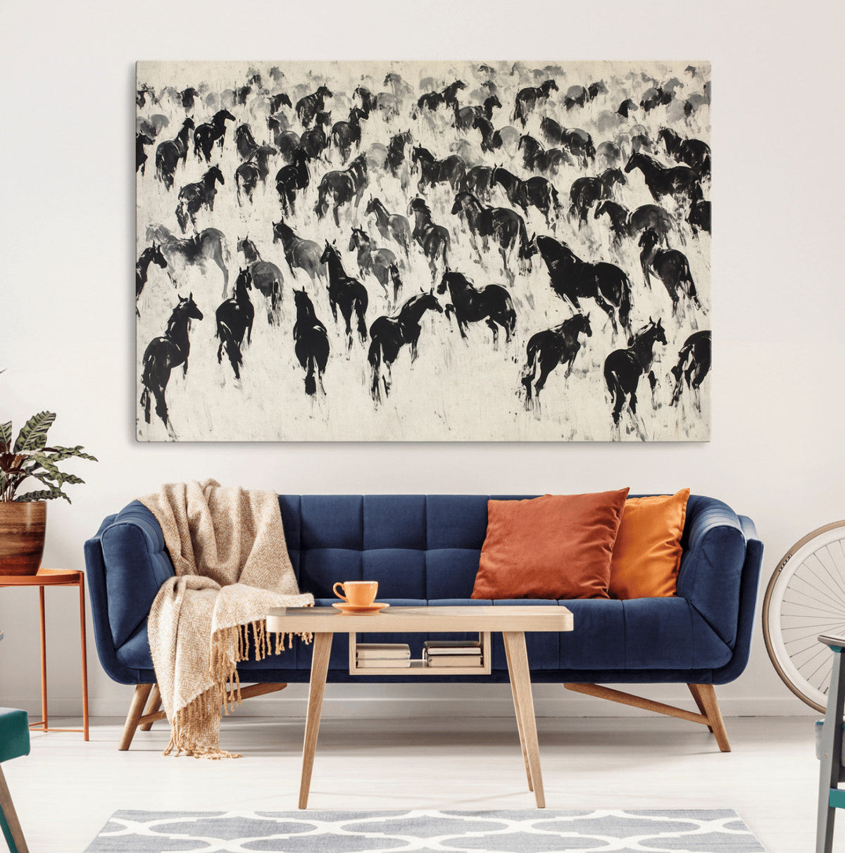 Wild Horse Stampede Wall Art Canvas Print – Monochrome