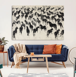 Wild Horse Stampede Wall Art Canvas Print – Monochrome