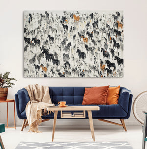 Wild Horse Stampede Wall Art Canvas Print – Monochrome
