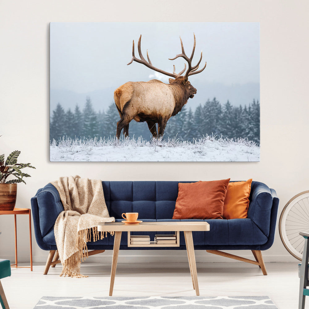 Majestic Elk Snowy Forest Wall Art Canvas Print – Winter