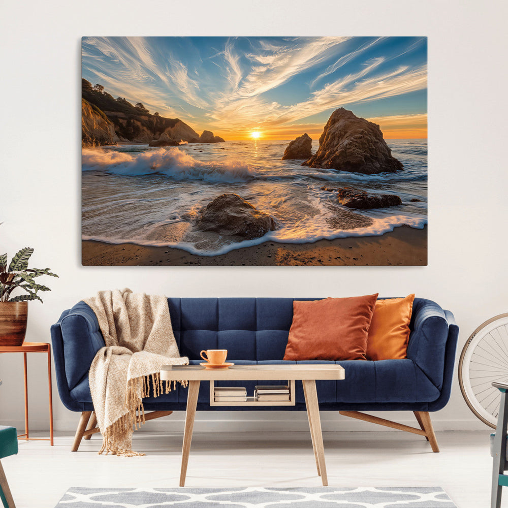 Rocky Ocean Sunset Wall Art Print – Seaside Canvas Dramatic