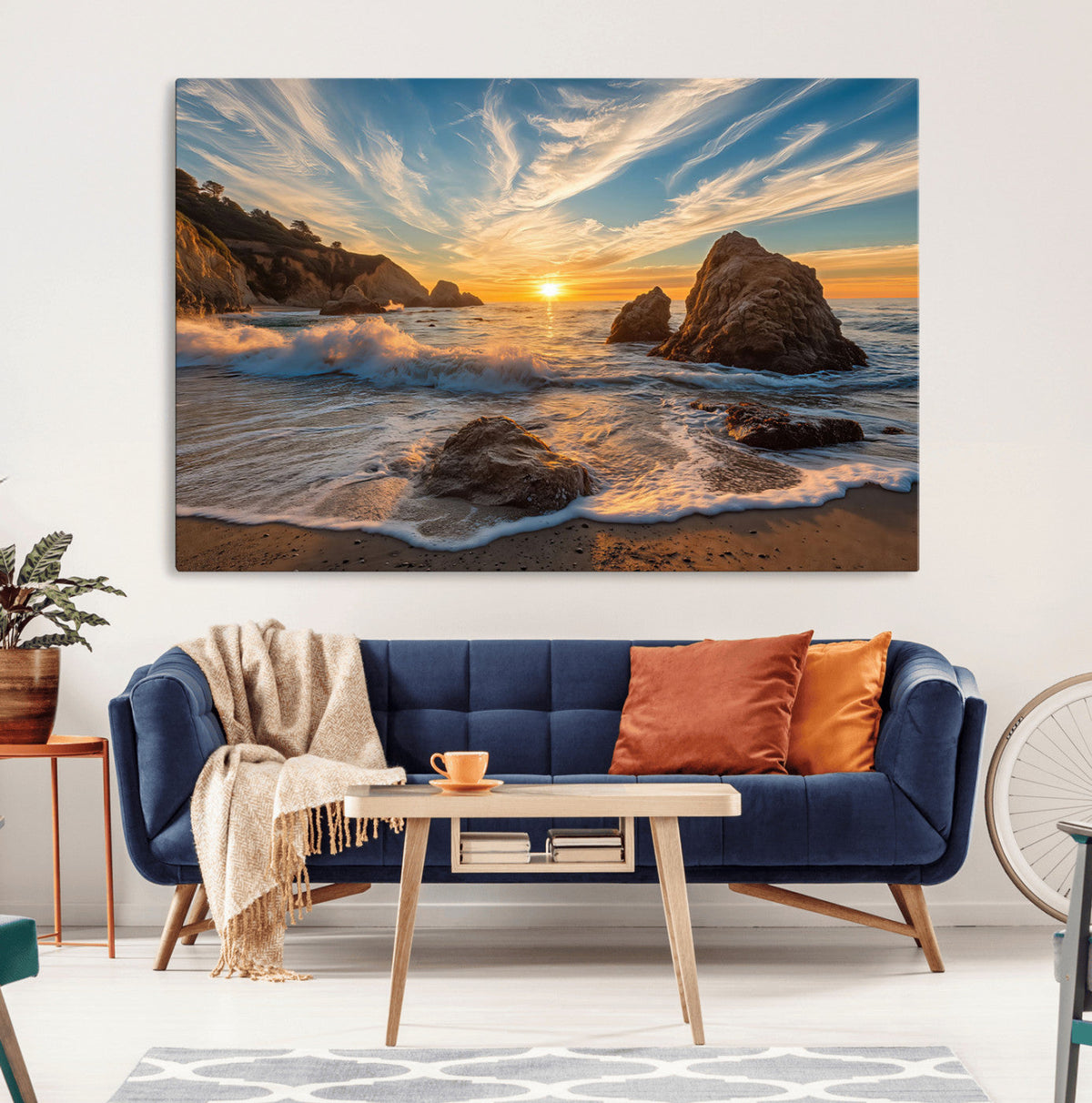 Rocky Ocean Sunset Wall Art Print – Seaside Canvas Dramatic