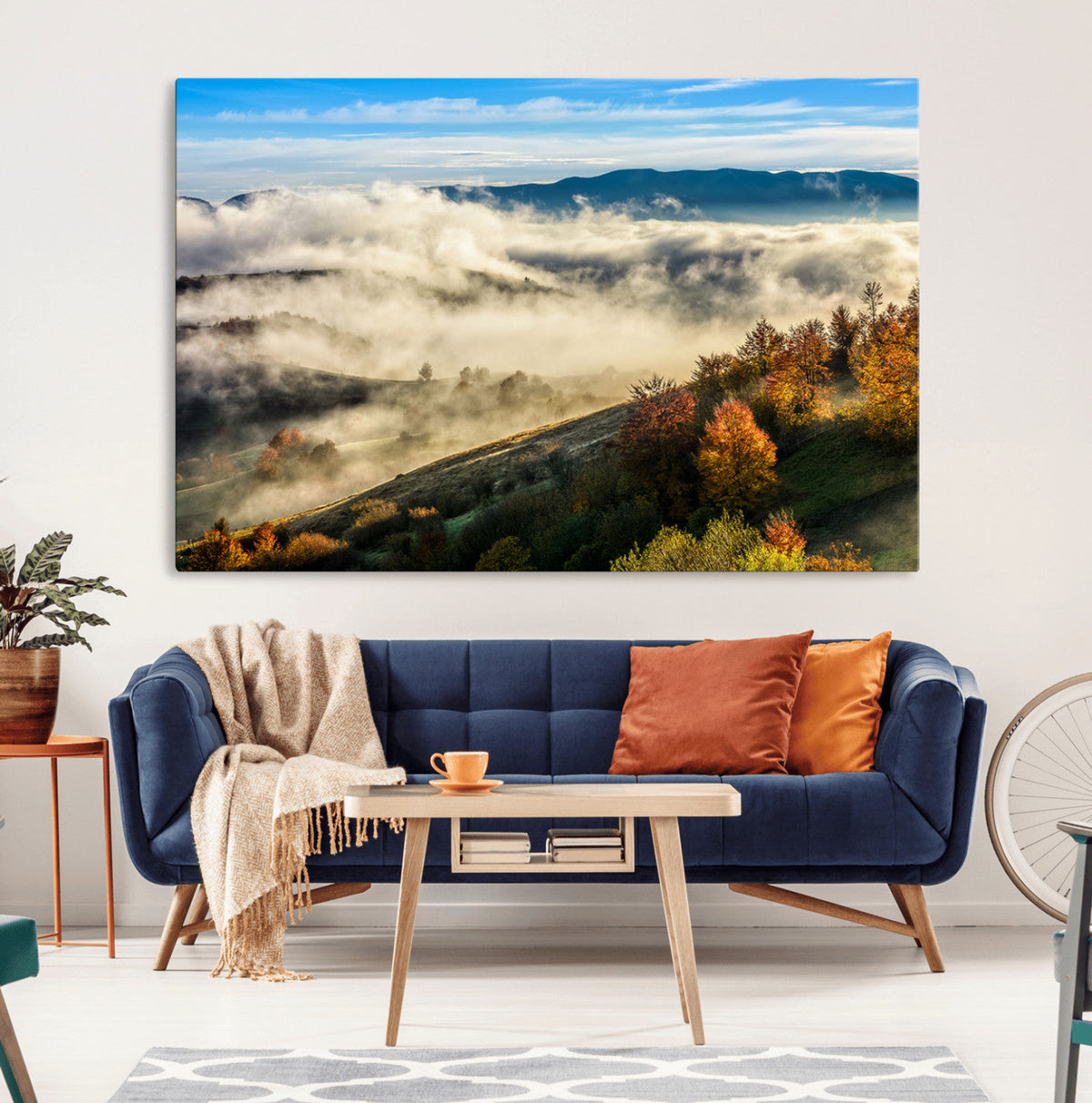 Misty Autumn Hills Wall Art Canvas Print, Foggy Forest