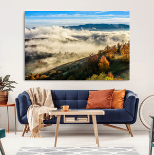 Misty Autumn Hills Wall Art Canvas Print, Foggy Forest