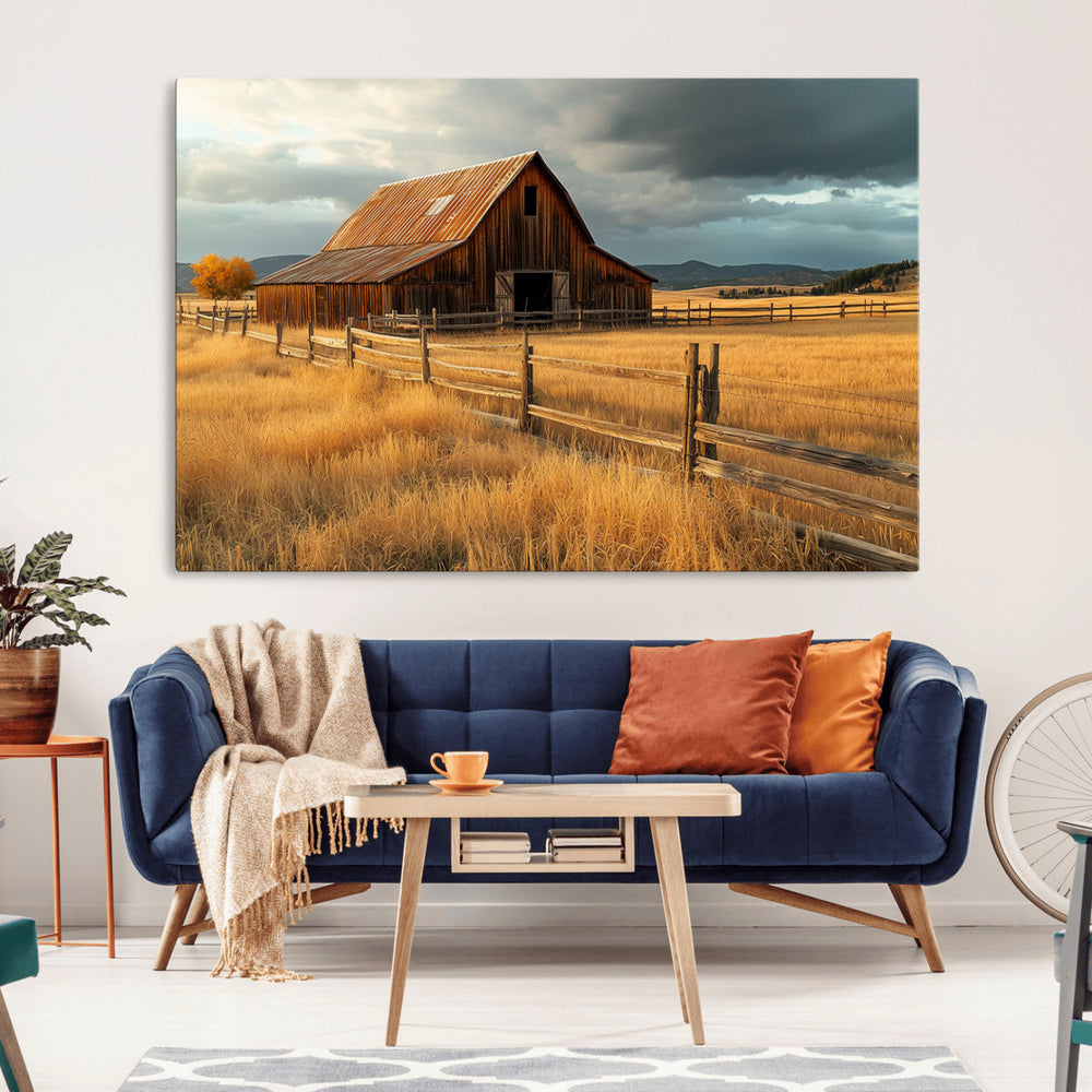 Golden Sunset Barn Wall Art Canvas Print, Rustic Autumn Farm