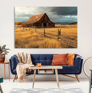 Golden Sunset Barn Wall Art Canvas Print, Rustic Autumn Farm