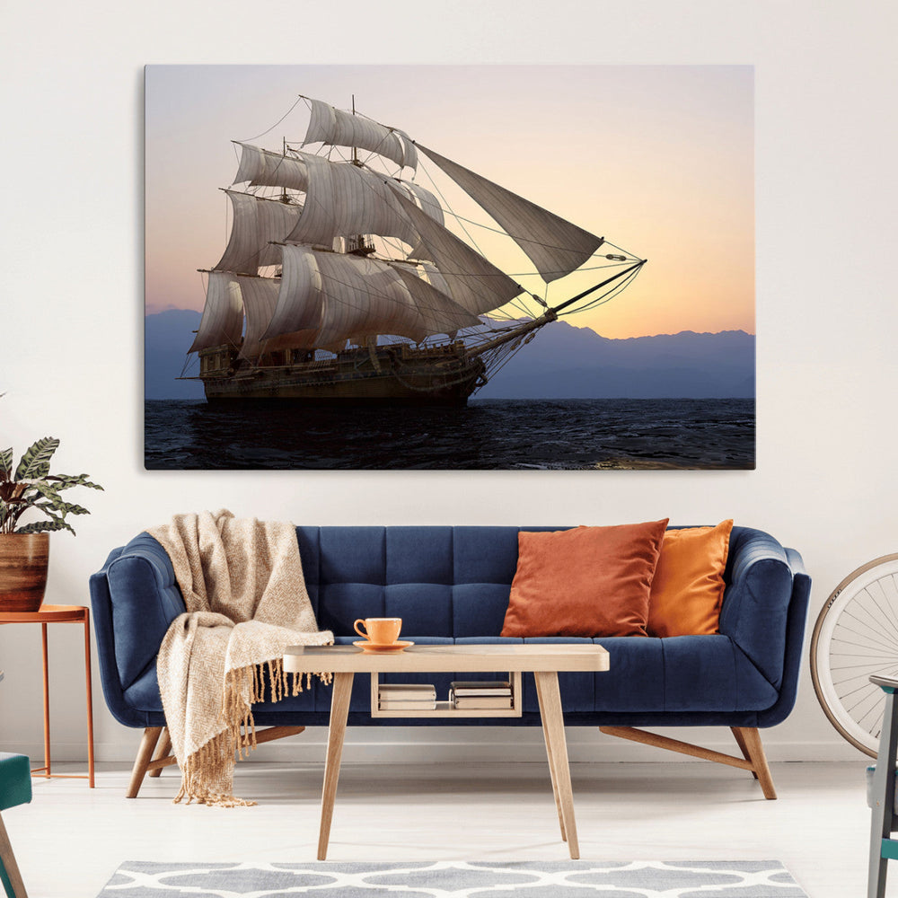 Majestic Sailing Ship Wall Art Canvas Print, Sunset Ocean