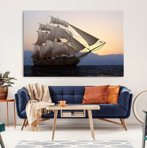 Majestic Sailing Ship Wall Art Canvas Print, Sunset Ocean
