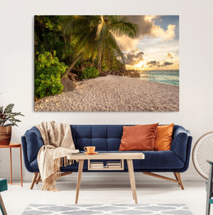 Tropical beach sunset, palm trees, white sand, ocean waves,